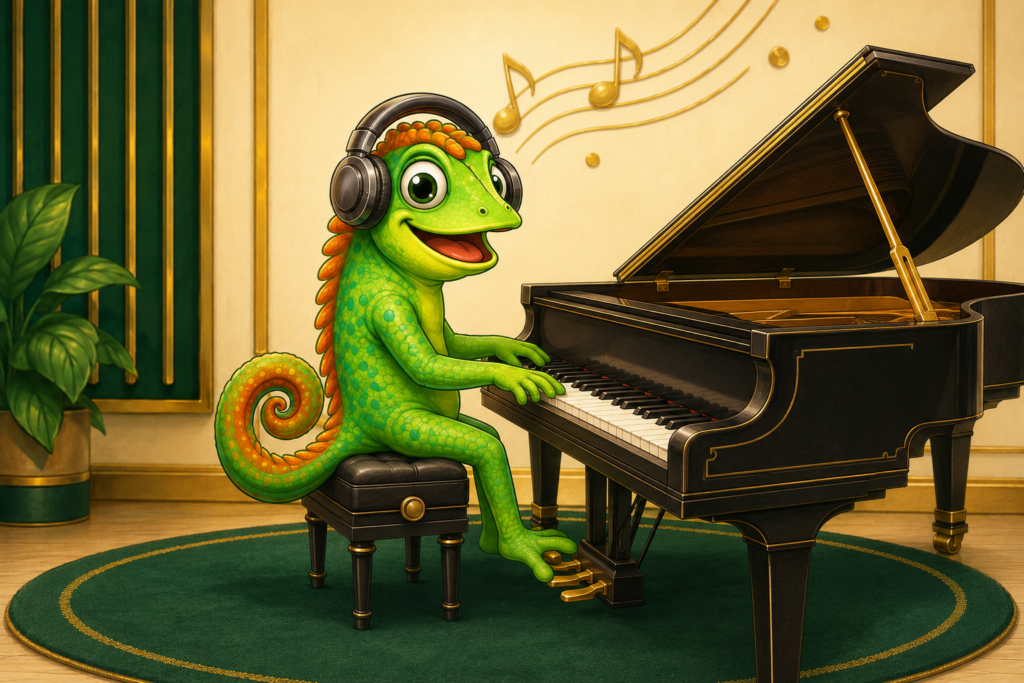 Riff, mascotte di Strade Artistiche, suona il pianoforte