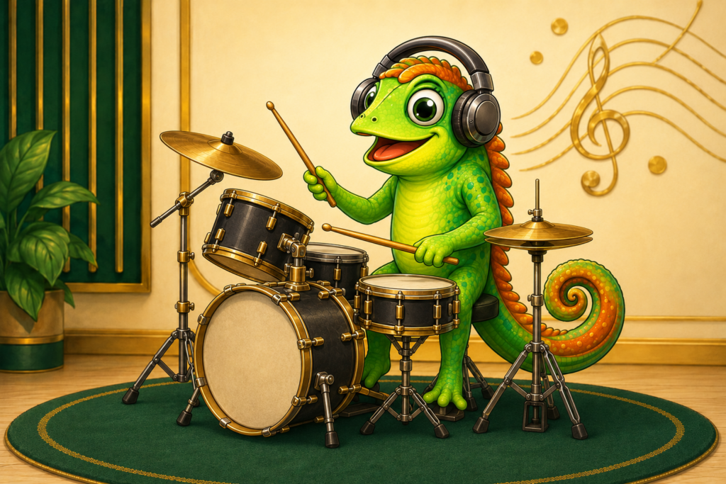 Riff, mascotte di Strade Artistiche, suona la batteria