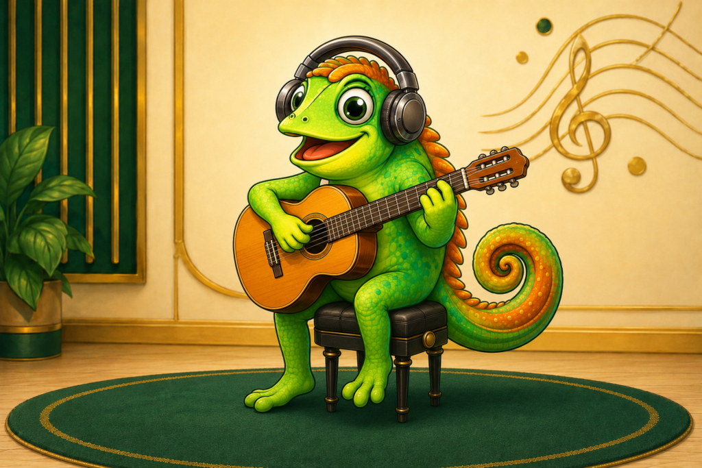 Riff, mascotte di Strade Artistiche, suona la chitarra