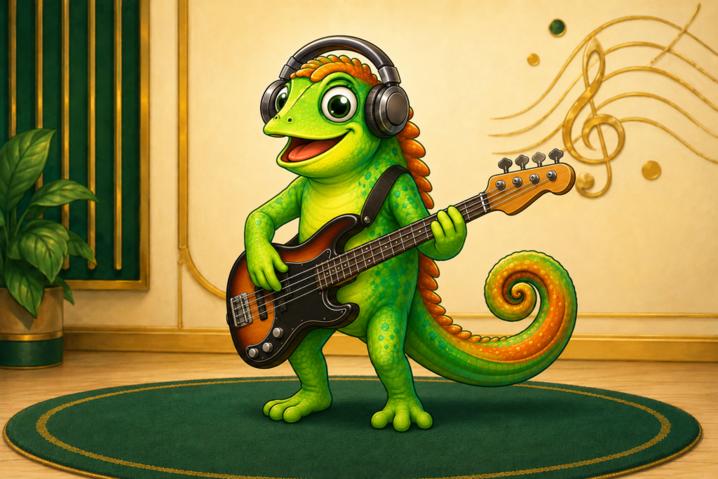 Riff, mascotte di Strade Artistiche, suona il basso elettrico