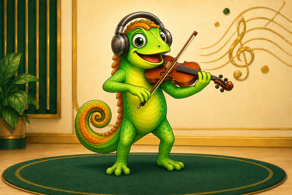 Riff, mascotte di Strade Artistiche, suona il violino